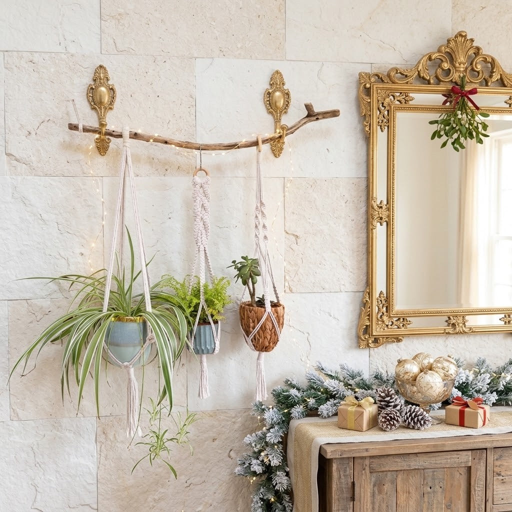 A rustic wooden branch wall hook rack with two ornate gold wall mounts, styled with hanging plants in macrame and woven baskets against a light stone tile wall, next to a gold-framed mirror.