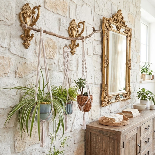 A rustic wall-mounted wooden hanger rack with ornate gold scroll brackets, holding several macrame plant hangers with green potted plants. The rack is styled on a white stone wall next to a large gold-framed mirror and a wooden console table.