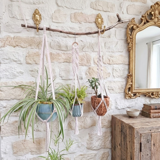 Three macrame plant hangers suspended from a rustic wooden branch mounted on a white stone wall. The hangers hold potted green plants in blue, grey, and brown pots, with a gold-framed mirror and a wooden cabinet visible on the right.
