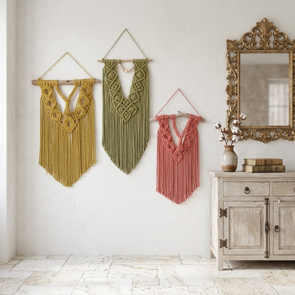 Three bohemian macrame wall hangings in mustard yellow, sage green, and dusty pink are displayed on a white wall above a rustic white cabinet with a gold mirror.