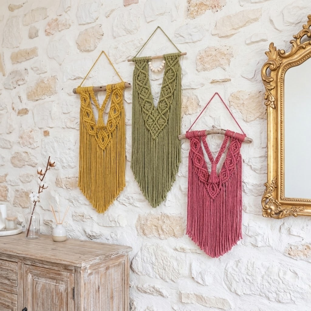 Three bohemian macrame wall hangings in mustard yellow, sage green, and dusty rose pink, displayed on a rustic white stone wall next to a gold-framed mirror.