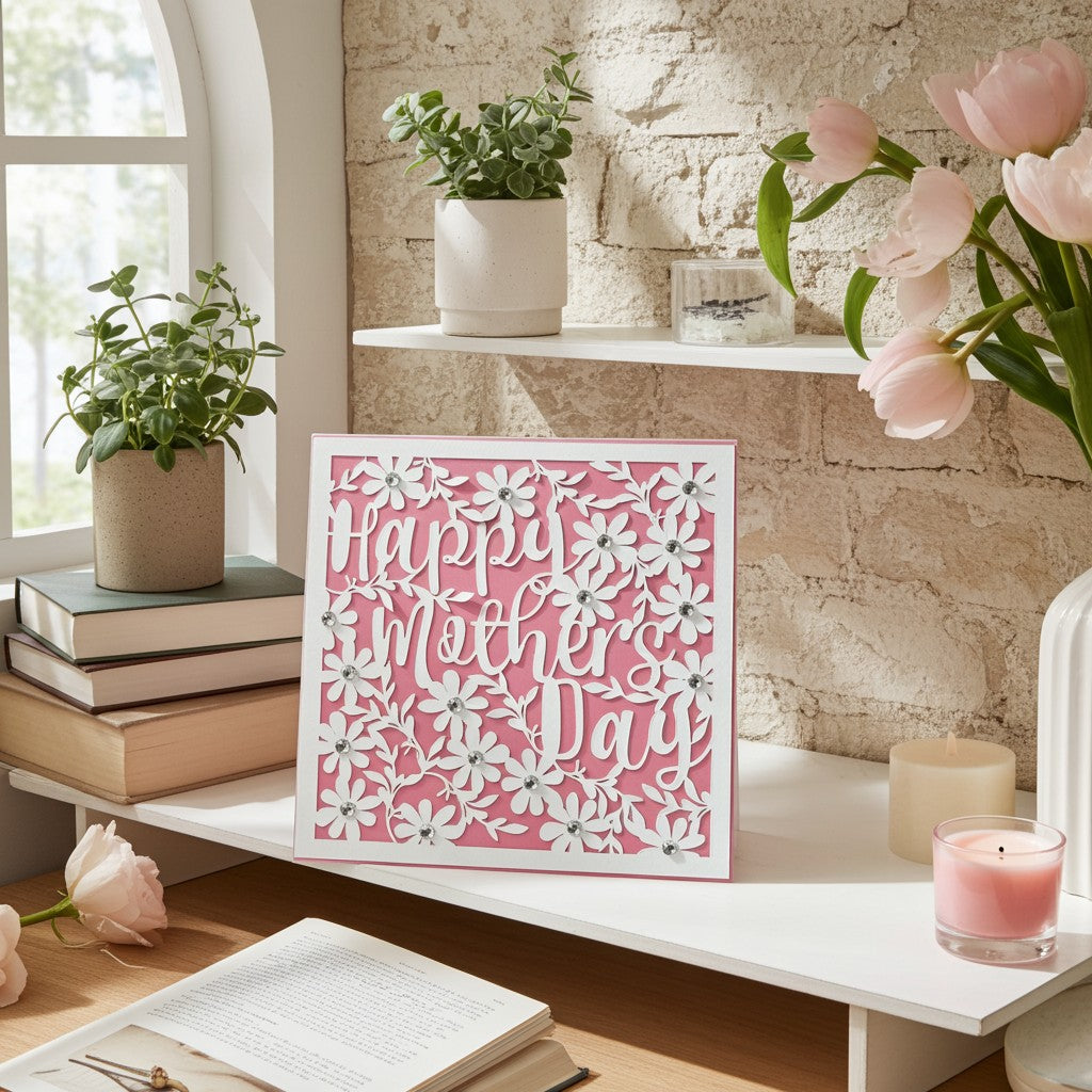 A square pink Mother's Day card with white floral cutouts and the words 'Happy Mother's Day' in white script, styled on a white shelf in a bright, rustic room with books, potted plants, and pink tulips.