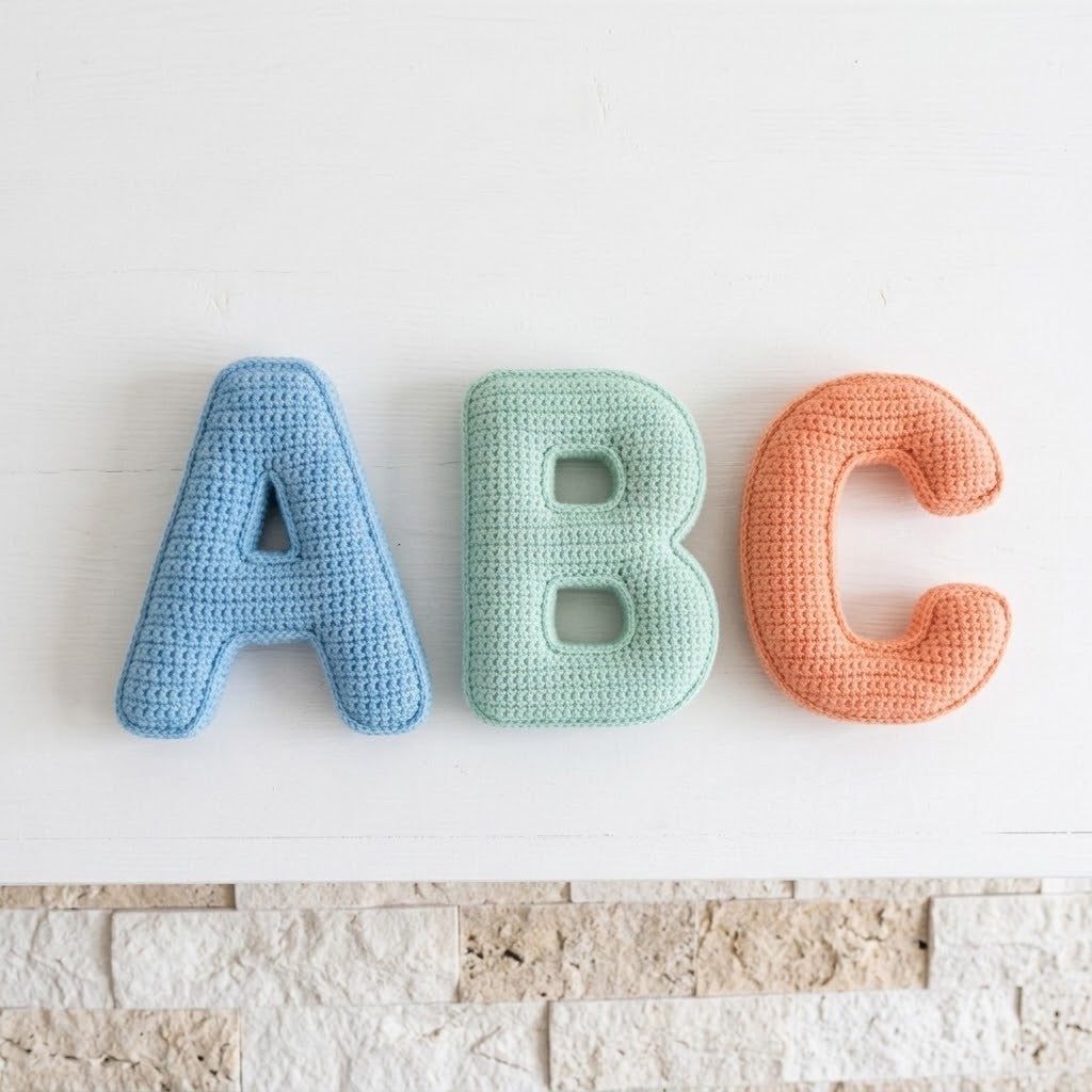 Three crocheted letters A, B, and C in light blue, mint green, and peach orange, displayed side-by-side on a white wooden surface with a light stone tile base.