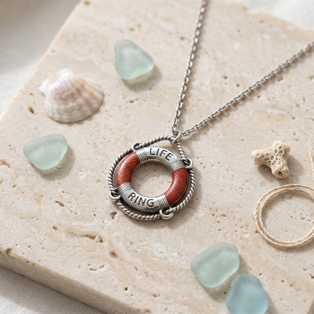 A silver-toned necklace with a life preserver pendant engraved with 'LIFE RING' and a reddish-brown center, displayed on a beige stone slab with seashells and sea glass.