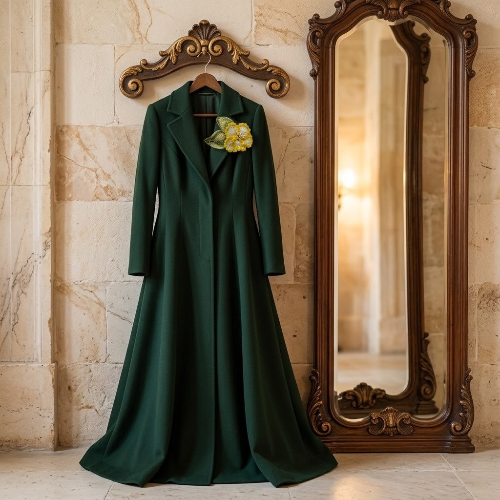 A long dark green coat or dress with wide lapels hangs on a wooden hanger against a beige stone wall, next to an ornate wooden mirror. A yellow flower brooch is pinned near the chest area.
