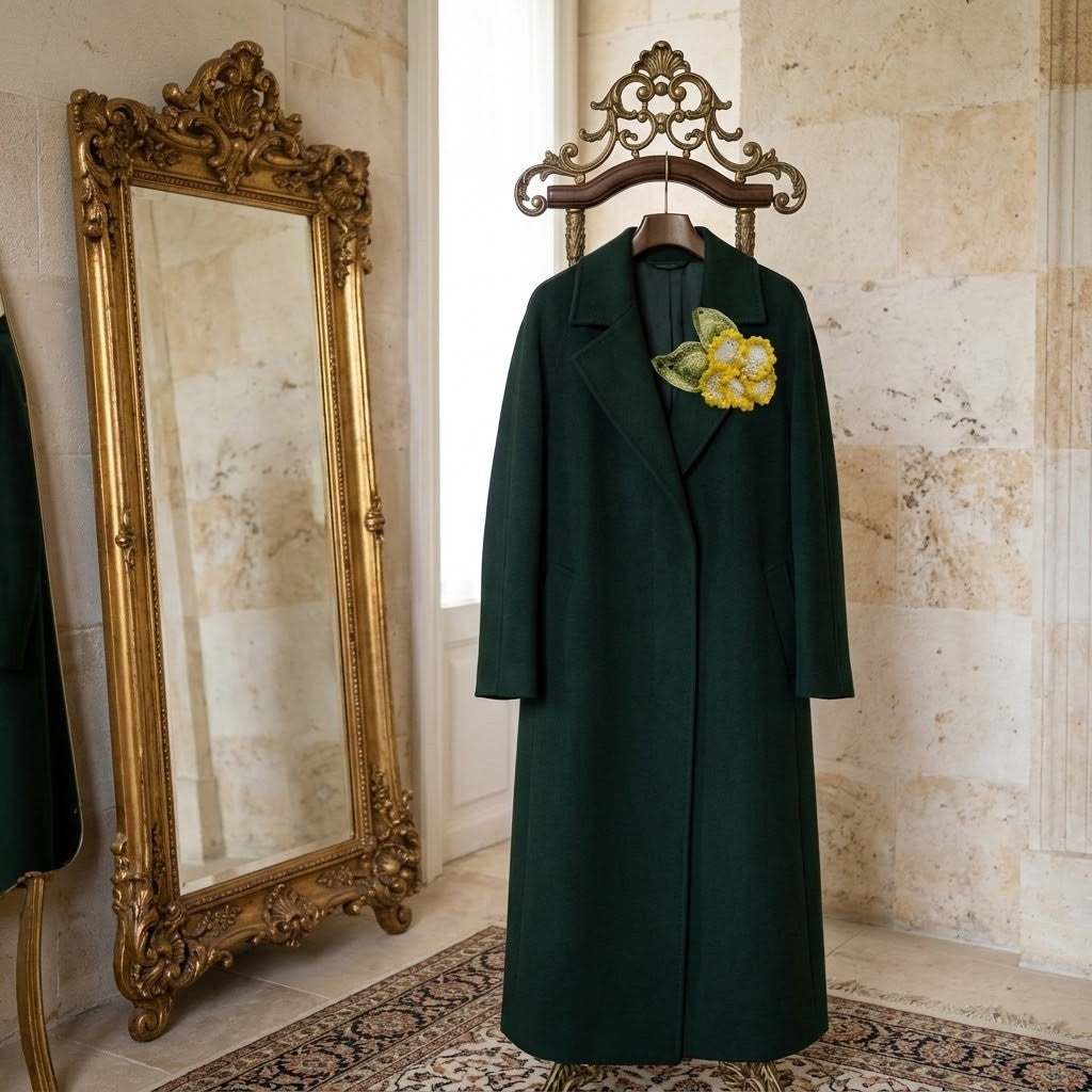 A long dark green wool coat hangs on an ornate wooden hanger against a beige stone wall, with a large gold mirror to the left and a yellow floral brooch pinned at the chest.