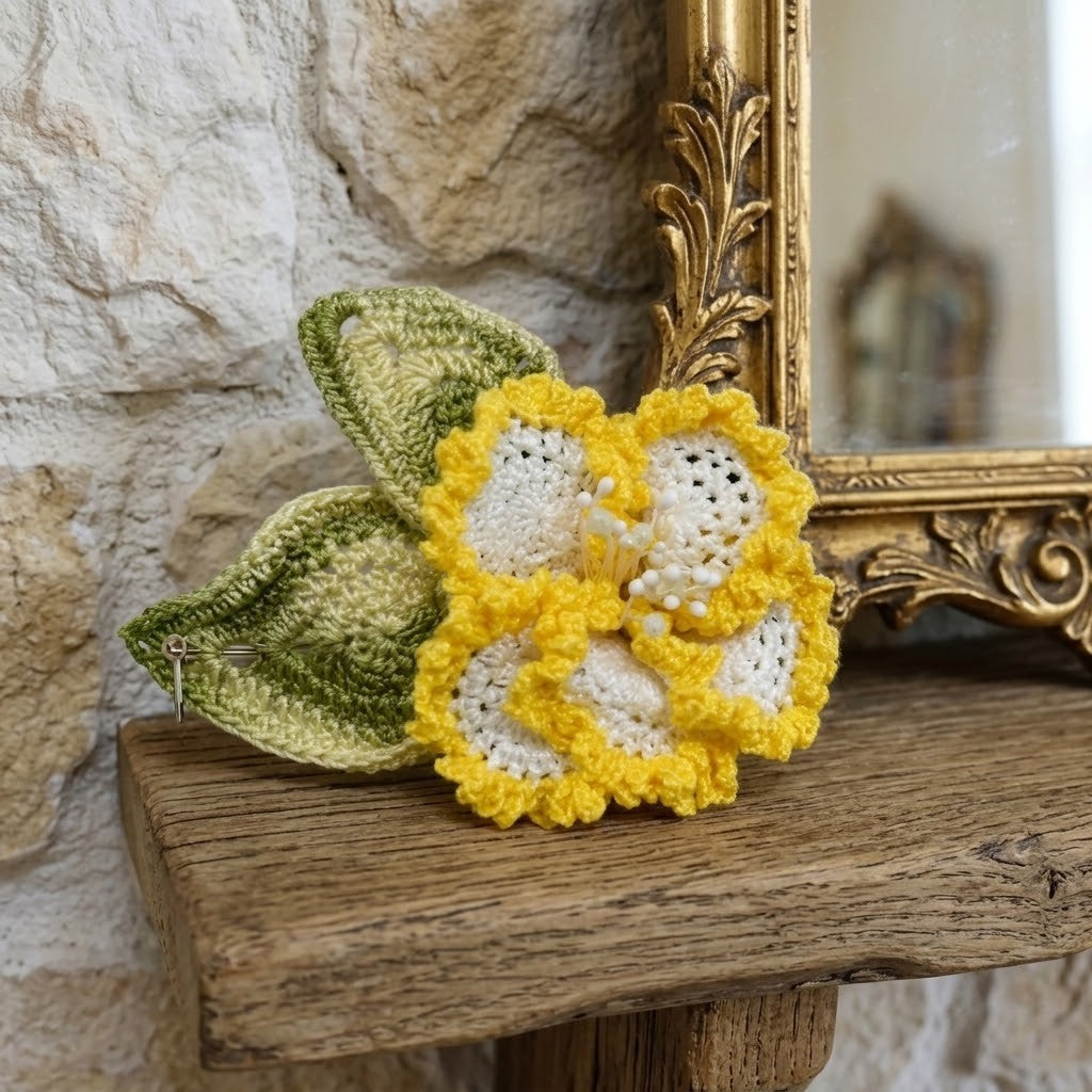 A crocheted floral brooch with yellow and white flowers and green leaves, displayed on a rustic wooden shelf next to a gold-framed mirror against a stone wall.