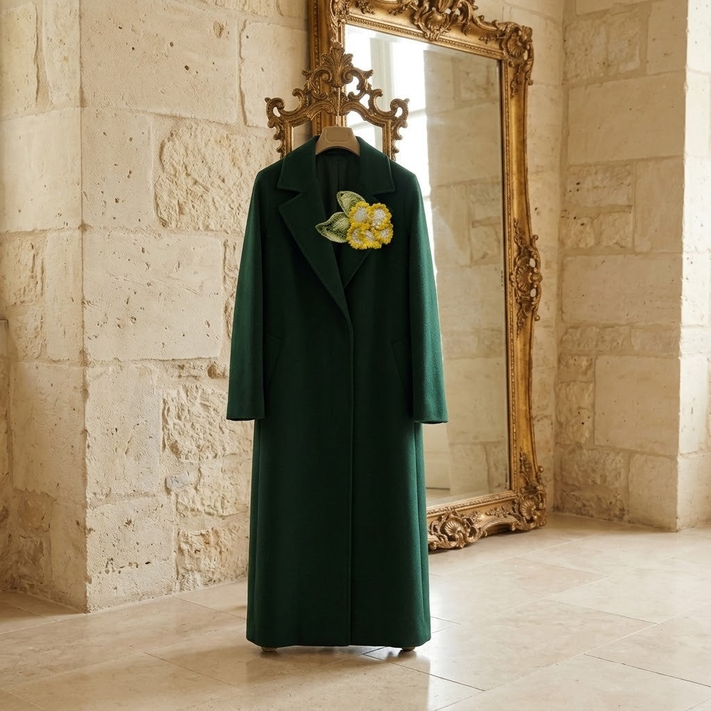 A long dark green coat with wide lapels hangs on a wooden hanger in front of an ornate gold mirror, featuring a yellow and green floral brooch pinned to the left chest. The coat is set in a room with light beige stone walls and tiled floors.