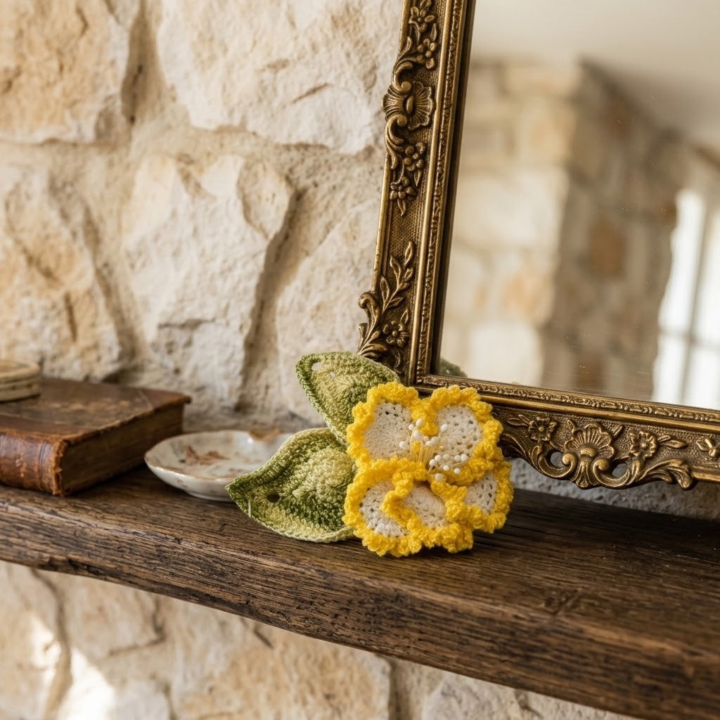 A handmade crocheted flower brooch in yellow and olive green, styled on a rustic wooden mantelpiece next to an ornate gold mirror and a stone wall background.