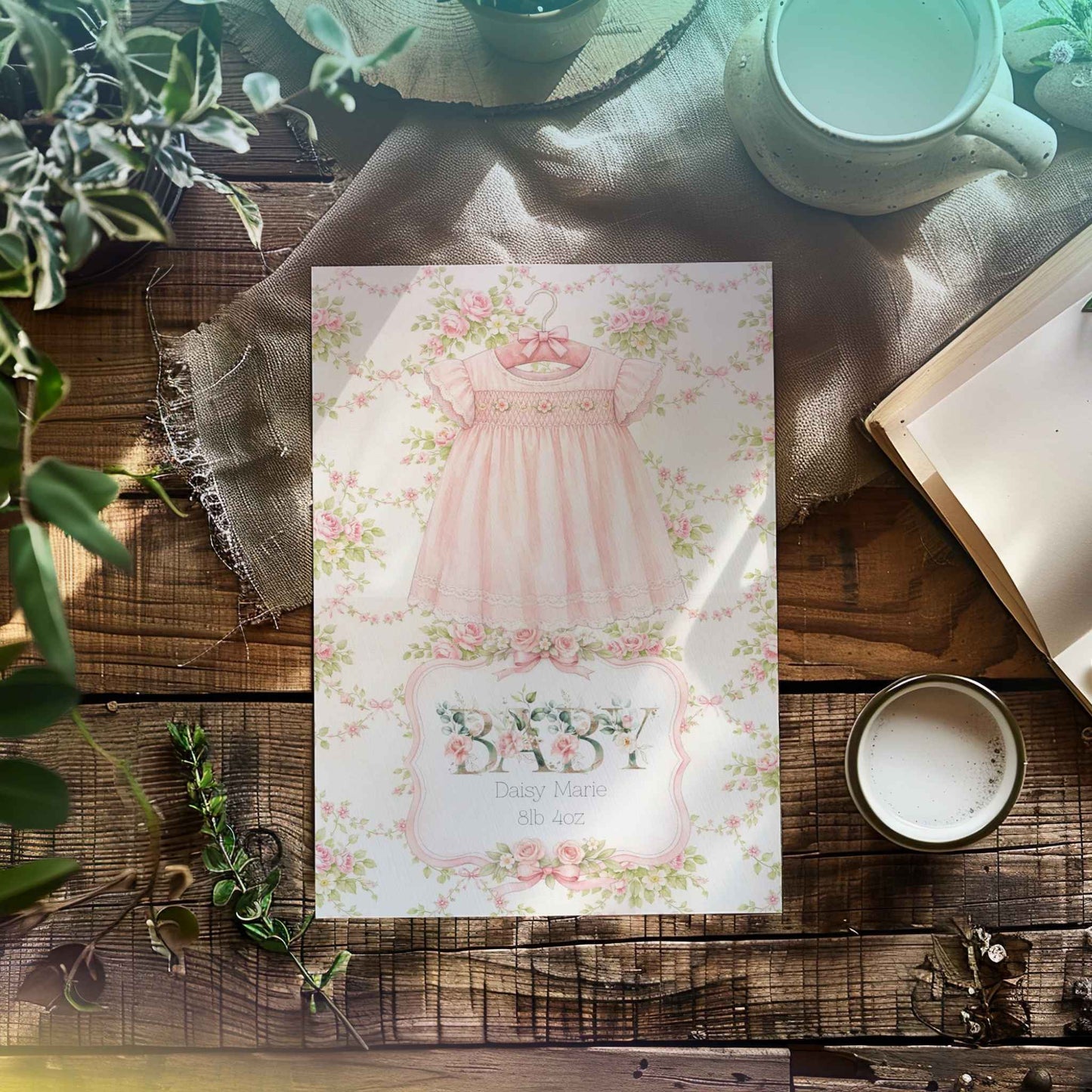 A baby card featuring a vintage-style illustration of a baby dress and floral pattern, styled in a rustic flat-lay on a wooden table with a mug, book, and greenery.