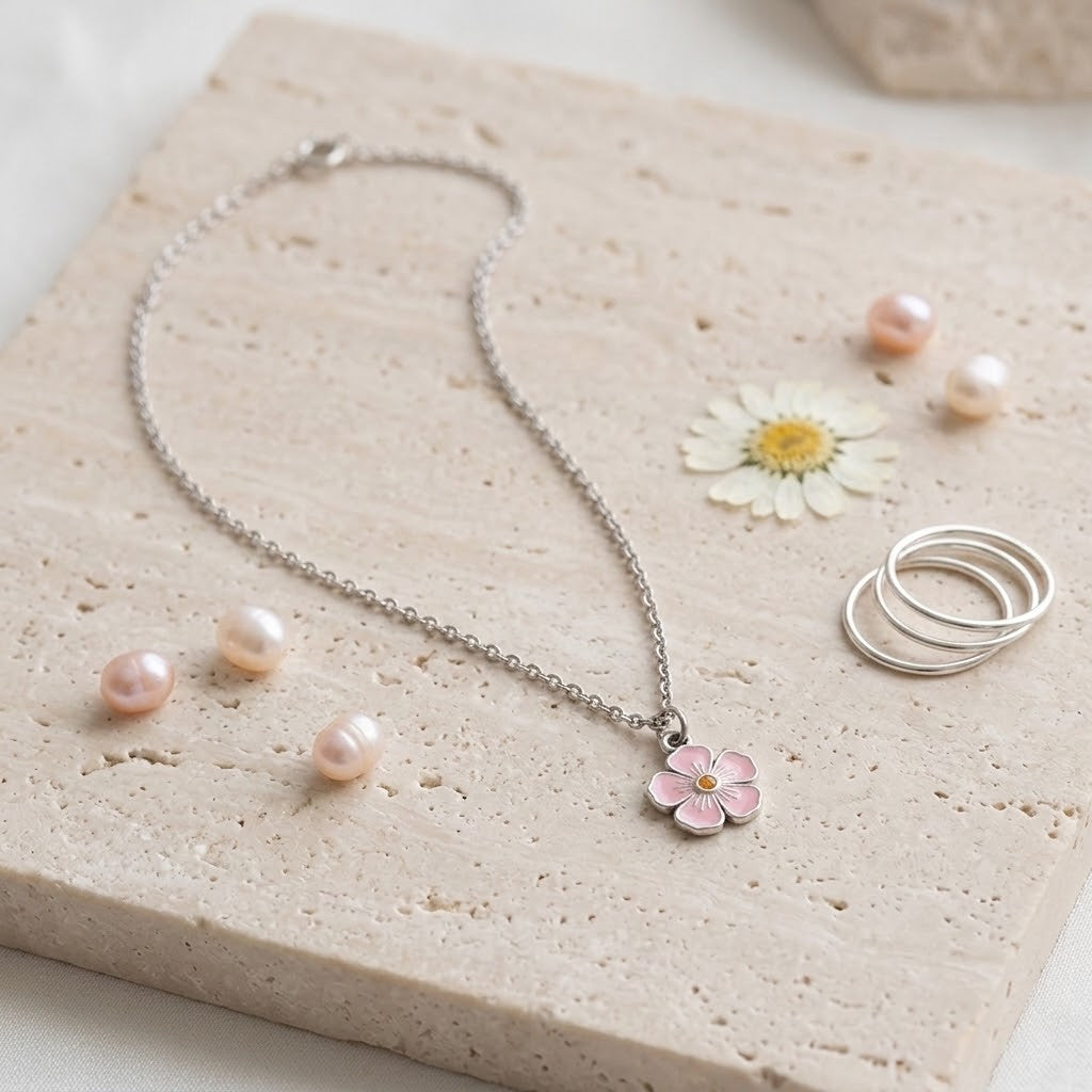 A silver chain necklace with a small pink flower pendant, styled on a beige stone slab with pink pearls, a daisy, and two silver rings.