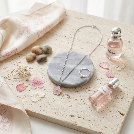 A styled flat-lay of a silver necklace with a pink flower charm and a matching silver ring, arranged on a round grey stone dish alongside a pink perfume bottle, a silk scarf, and small decorative stones on a beige travertine slab.