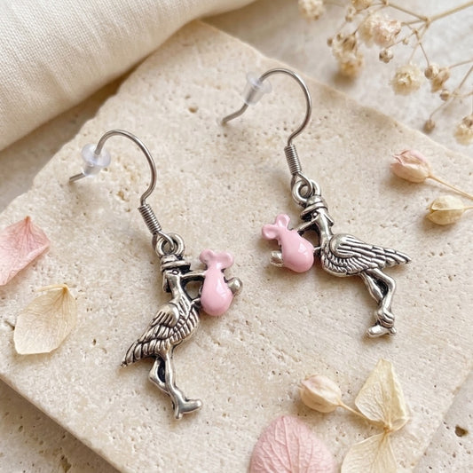 Handmade Pink Stork Earrings – Unique Gift for Baby Showers