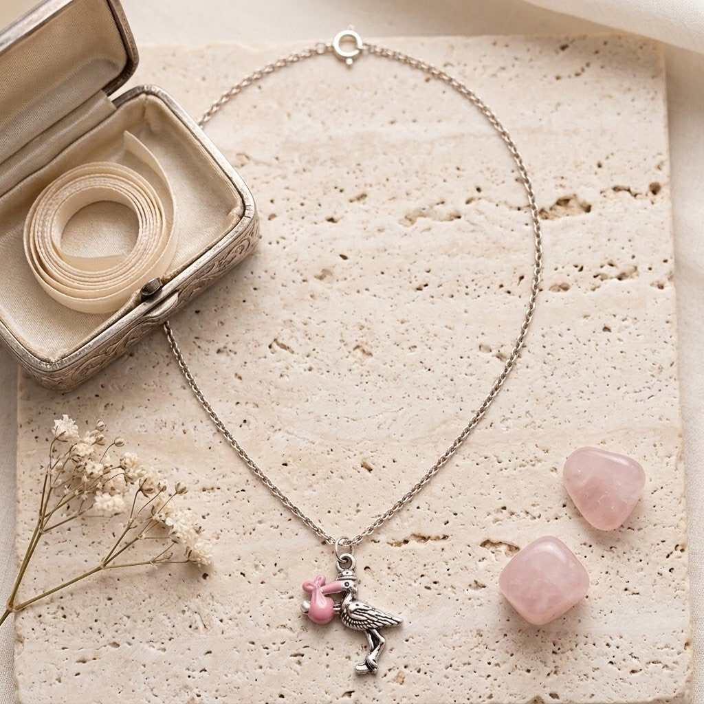 A silver-toned necklace with a stork pendant holding a pink heart, displayed on a textured beige stone surface with a silver jewellery box, pink stones, and dried flowers.