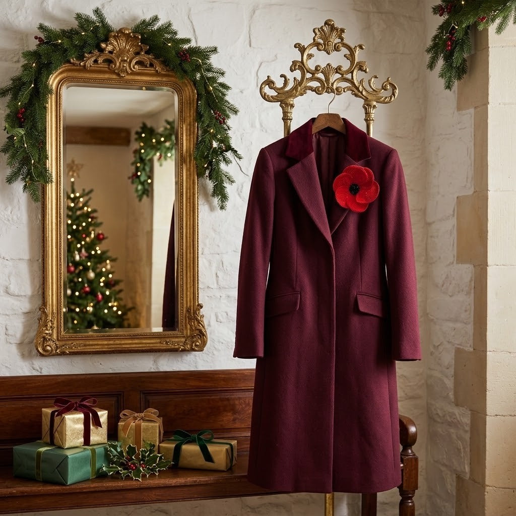 A long burgundy wool coat with a large red poppy brooch is displayed on an ornate gold coat rack in a decorated holiday room. A gold-framed mirror with a green garland and a Christmas tree are visible in the background, along with wrapped gifts on a wooden bench.