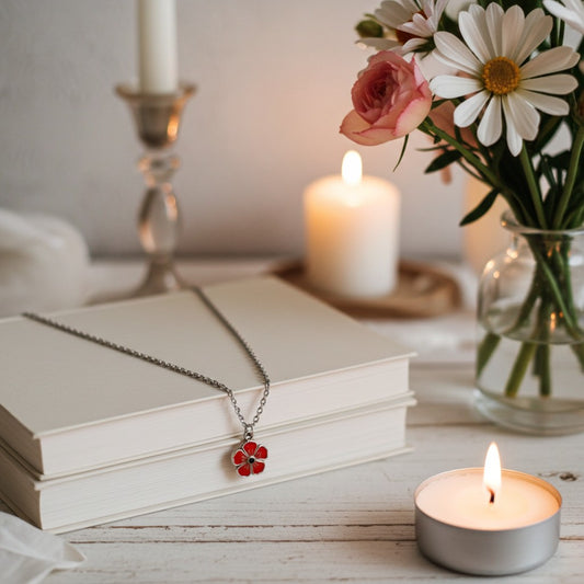 A silver-toned necklace with a small red flower pendant rests on a stack of white books on a rustic wooden table. The scene is styled with burning candles, a vase of white daisies and pink roses, and a silver candlestick holder in the background.
