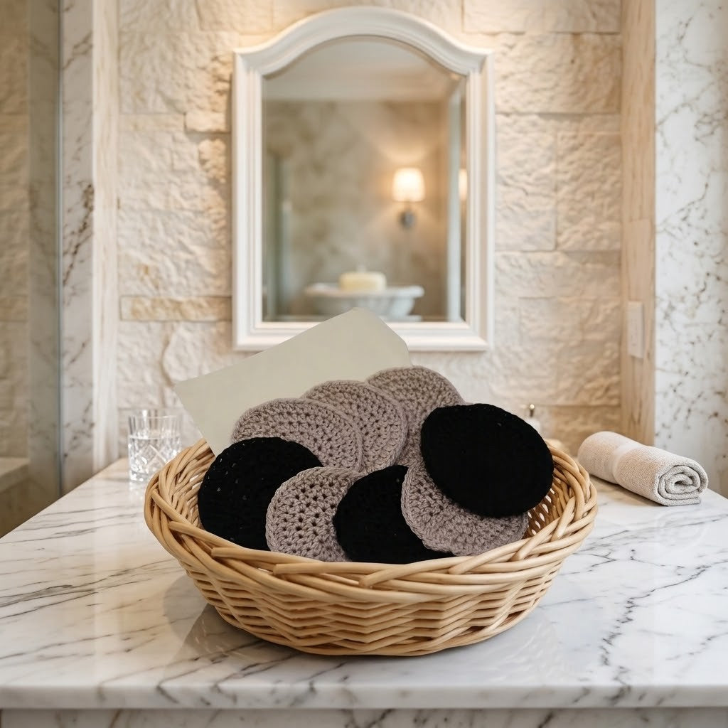 A woven wicker basket holding several round crocheted or knit face scrubbies in black and taupe, placed on a marble countertop in a bathroom setting with a mirror and stone wall behind it.