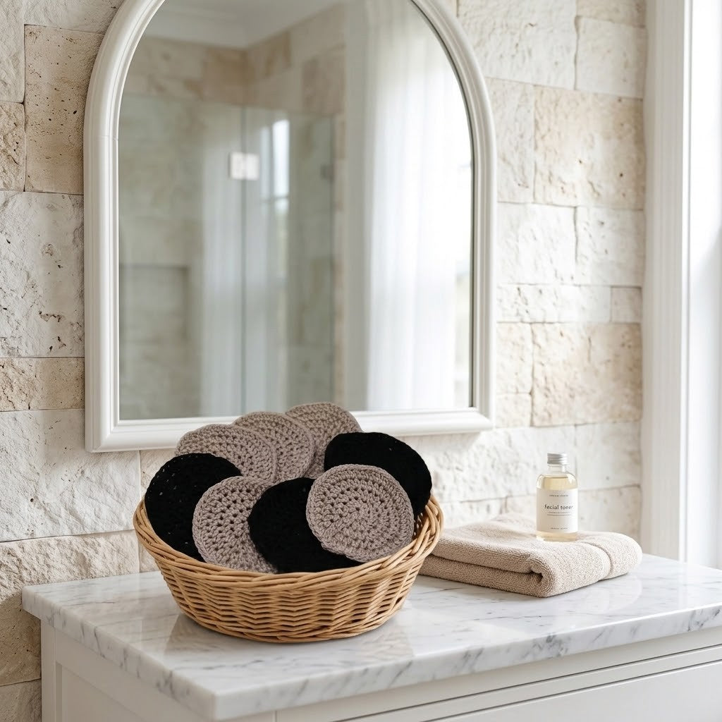 A wicker basket filled with round crocheted or knit bath accessories in black and beige, placed on a marble countertop beneath a large arched mirror in a bright bathroom. A folded beige towel and a small bottle are also visible.