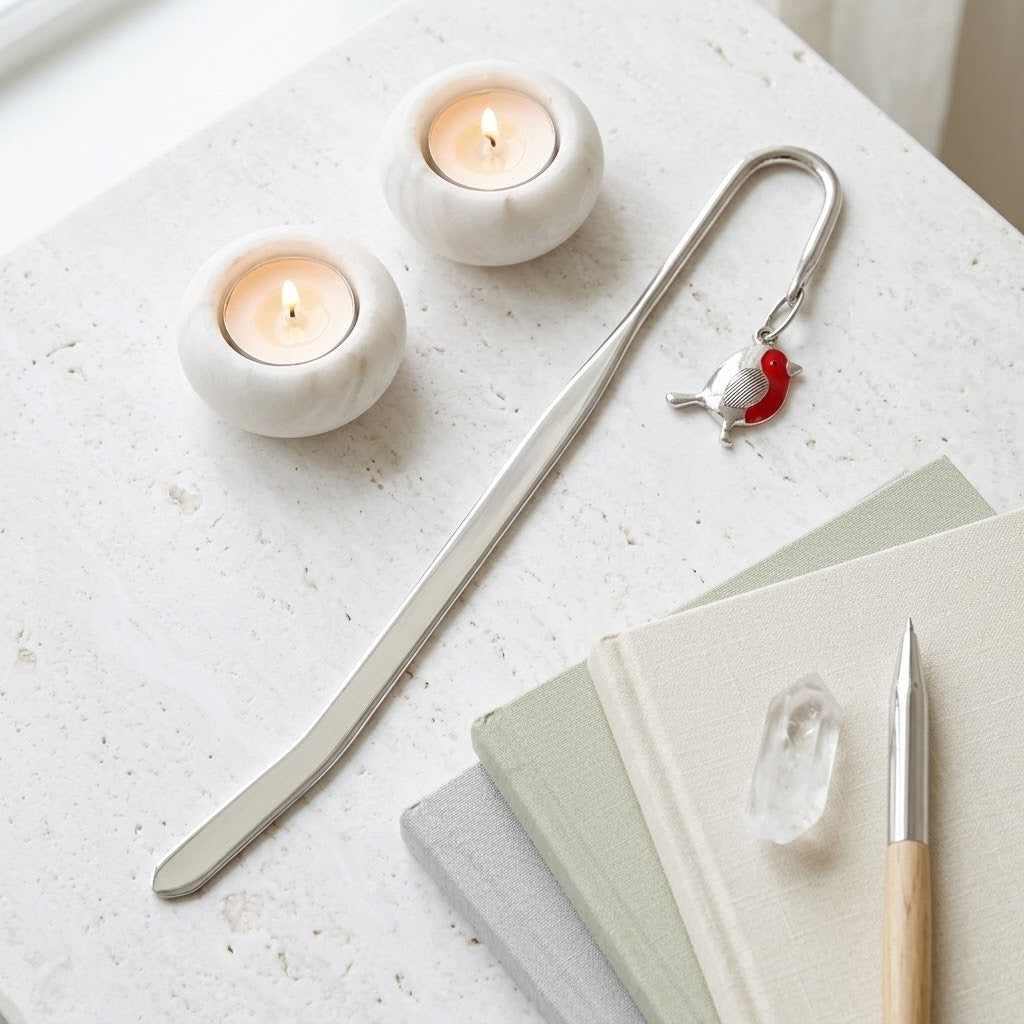 A silver metal bookmark with a small robin charm holding a red heart, styled on a light stone surface with two lit tealight candles, stacked notebooks, and a pen.
