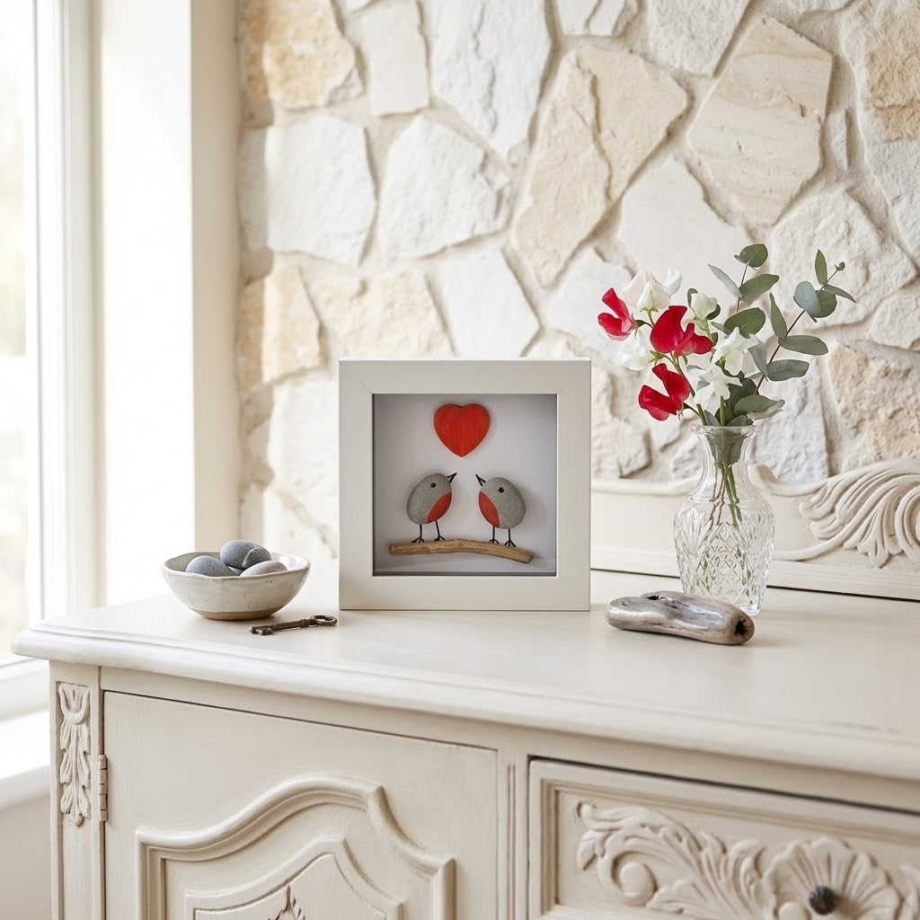 A white square shadow box frame displaying two small birds facing each other beneath a red heart, styled on a cream-colored wooden cabinet against a stone wall background.