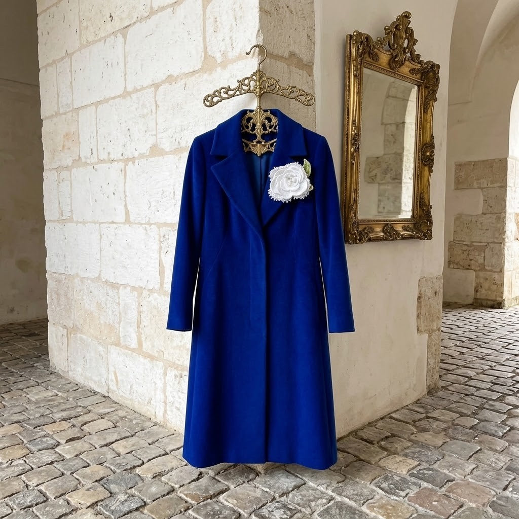 A royal blue knee-length coat hanging on a decorative gold hanger against a white stone wall, with a white fabric rose pinned to the left chest. An ornate gold mirror hangs on the adjacent wall above a cobblestone floor.