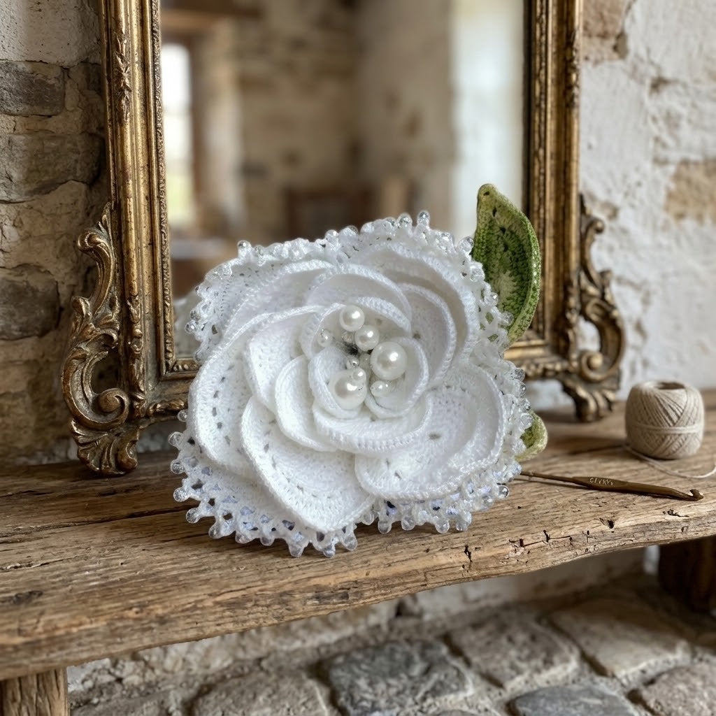 Handmade White Rose Brooch – Crochet Christmas Gift