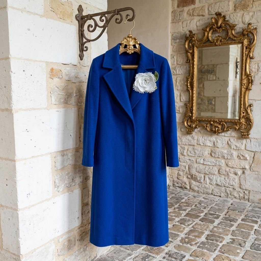 A vibrant royal blue wool coat hanging on a decorative gold hanger against a rustic stone wall, featuring a white fabric rose brooch on the left lapel.