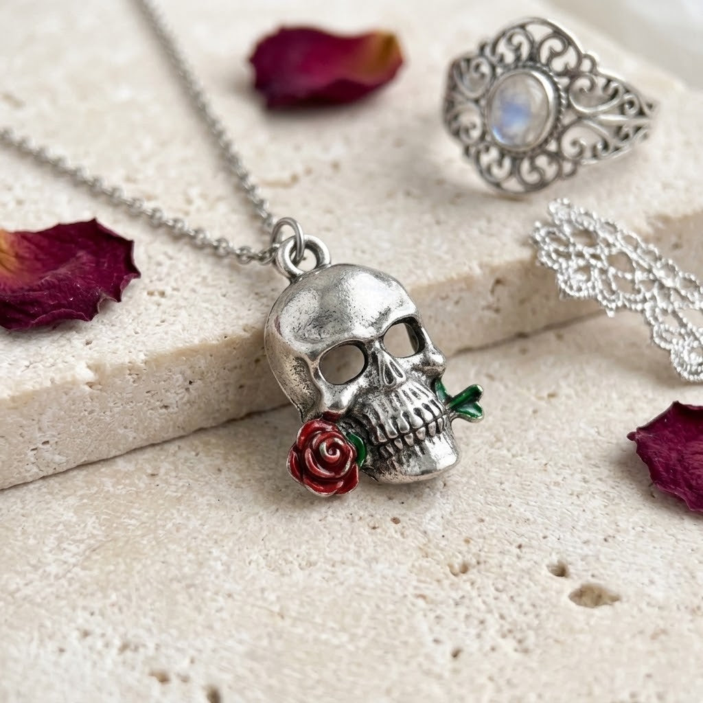 A silver skull pendant necklace with a red rose and green leaf detail, displayed on a textured beige stone surface with dried rose petals and other jewelry props.