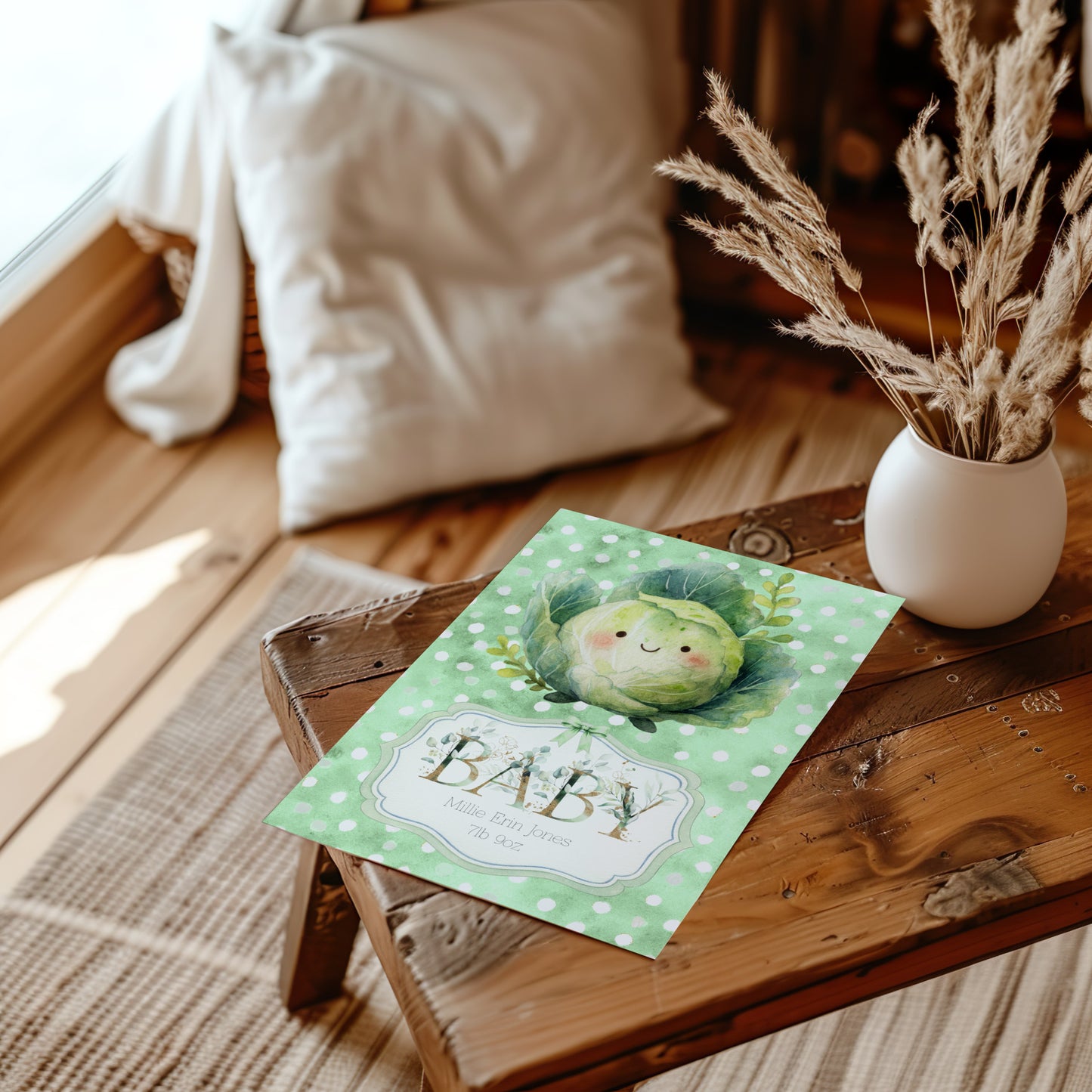 Personalised New Baby Greeting Card with Homegrown Cabbage A5