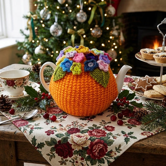A crocheted orange teapot cover with colourful floral accents sits on a decorated holiday table, surrounded by a floral tea cup, pinecones, berries, and a Christmas tree in the background.