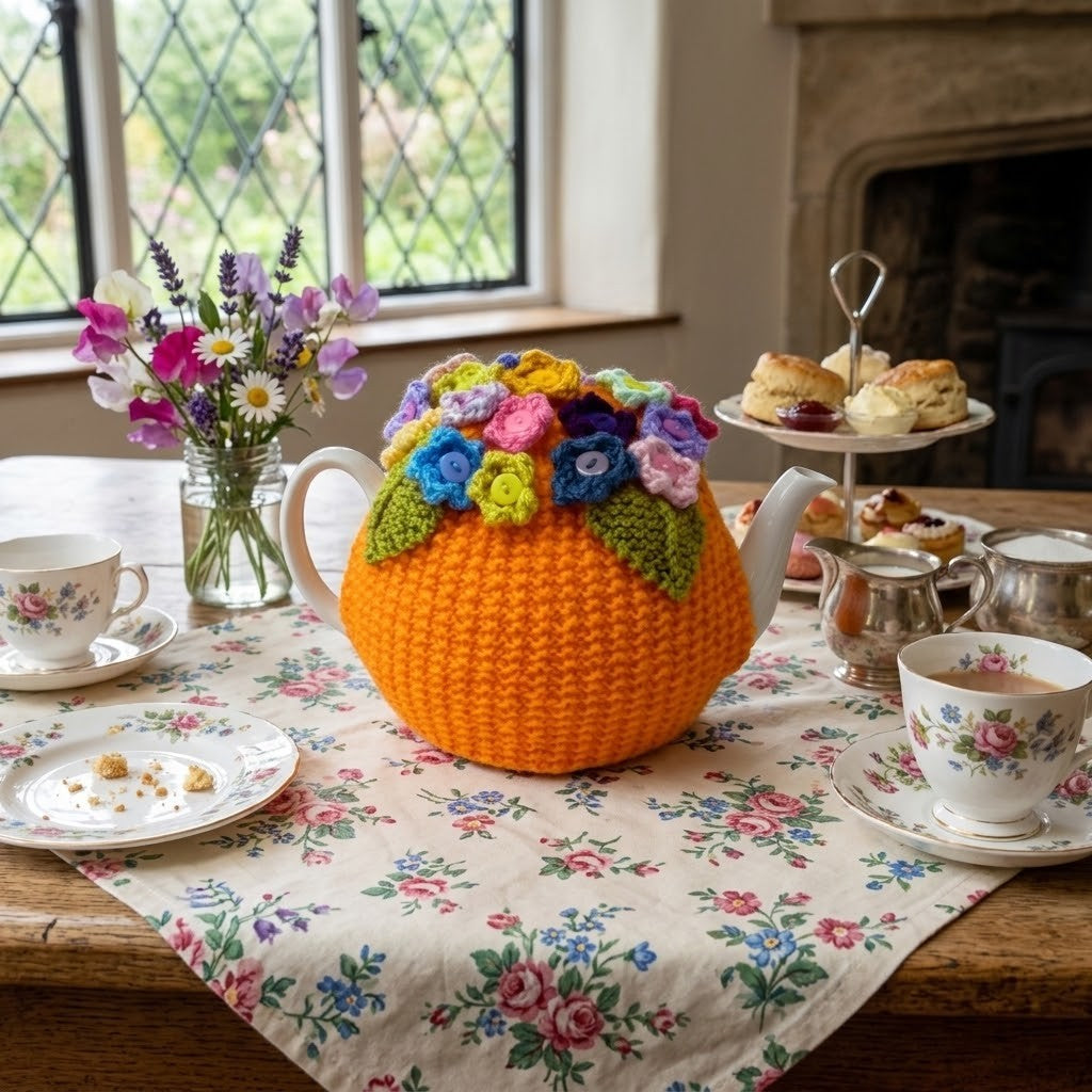 A bright orange crocheted teapot cover with colourful floral accents sits on a floral tablecloth in a tea-time setting. A matching teapot cup and saucer, silver tea accessories, pastries on a stand, and a vase of flowers are arranged around it in a cosy indoor room near a window and fireplace.