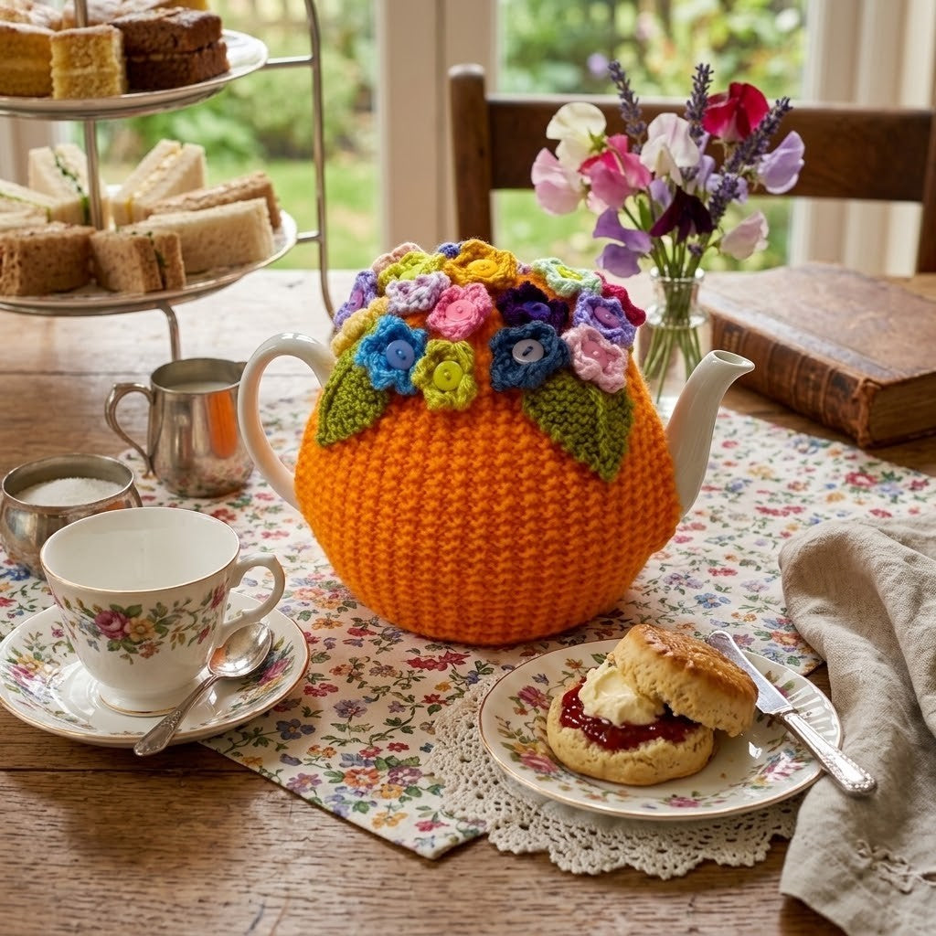A bright orange crocheted teapot cover shaped like an orange, decorated with colourful handmade flowers and green leaves, draped over a white teapot on a floral tea table setting.