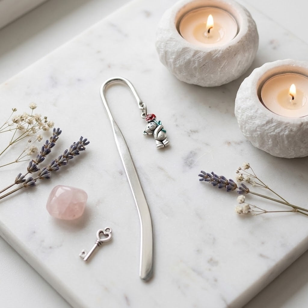 A silver metal bookmark shaped like a long tail with a small bear charm wearing a red hat and blue scarf, displayed on a white marble tray with dried lavender, a pink stone, a small key, and two lit candles in textured holders.