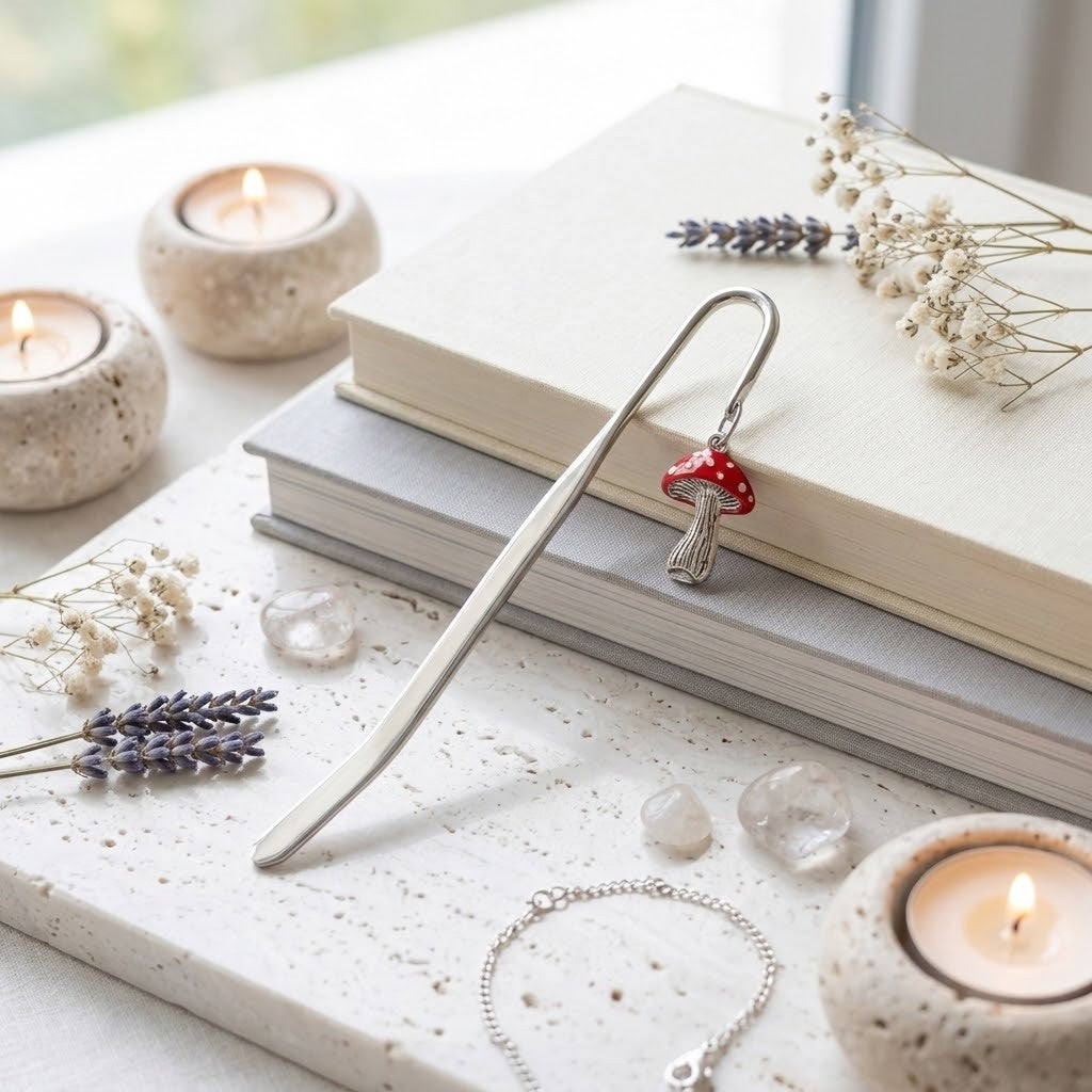 A silver metal bookmark shaped like a small red-and-white mushroom, displayed on stacked books with candles, dried flowers, and crystals in a softly lit tabletop setting.
