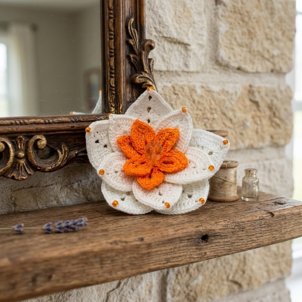 A crocheted flower-shaped waterlily brooch in cream and orange, displayed on a rustic wooden mantel in front of a stone wall and ornate mirror.