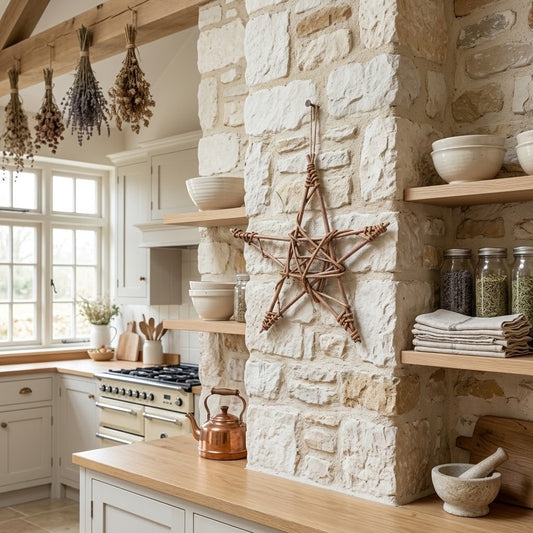 A rustic woven rope star wall hanging displayed on a stone pillar in a bright, traditional kitchen with wooden shelves, ceramic bowls, and a copper kettle.