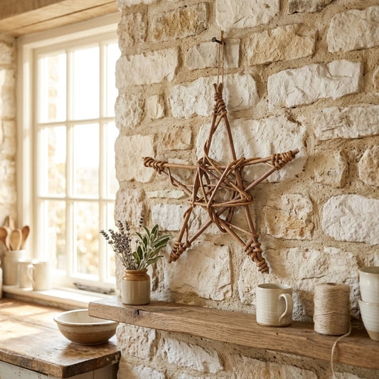 A rustic woven wicker star wall hanging suspended from a hook on a stone wall above a wooden shelf with mugs and a bowl, in a warm, sunlit room.