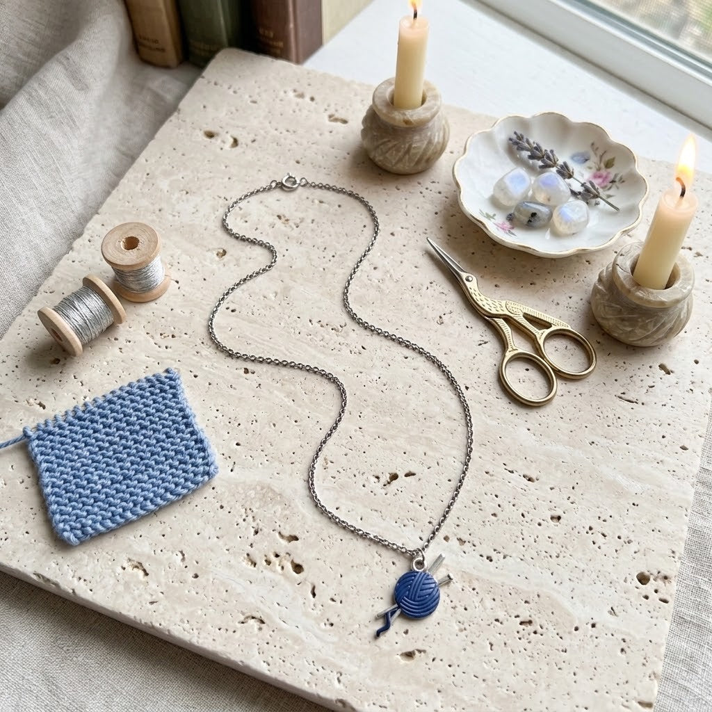 A silver chain necklace with a blue yarn ball pendant lies on a light stone tray, surrounded by knitting and sewing props including spools of thread, a small blue knitted swatch, gold-handled scissors, and candles.