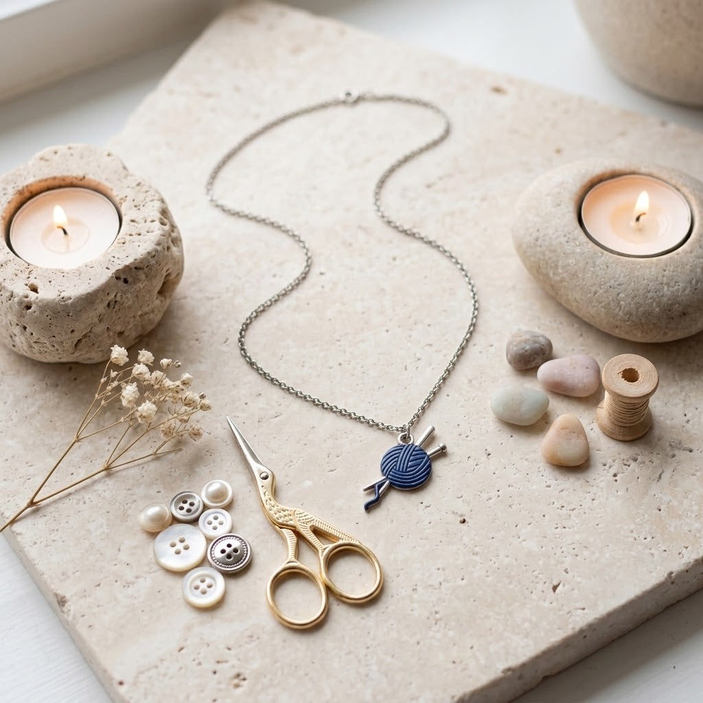 A silver chain necklace with a blue and white yarn ball pendant lies on a beige stone slab, styled with gold scissors, buttons, small stones, dried flowers, and two lit candles.