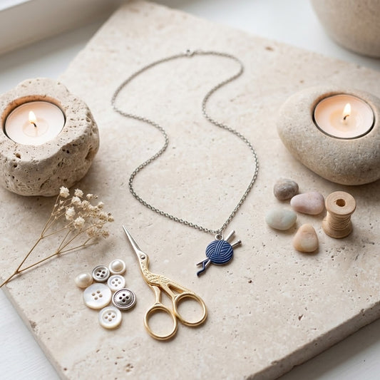 A silver chain necklace with a blue and white yarn ball pendant lies on a beige stone slab, styled with gold scissors, buttons, small stones, dried flowers, and two lit candles.