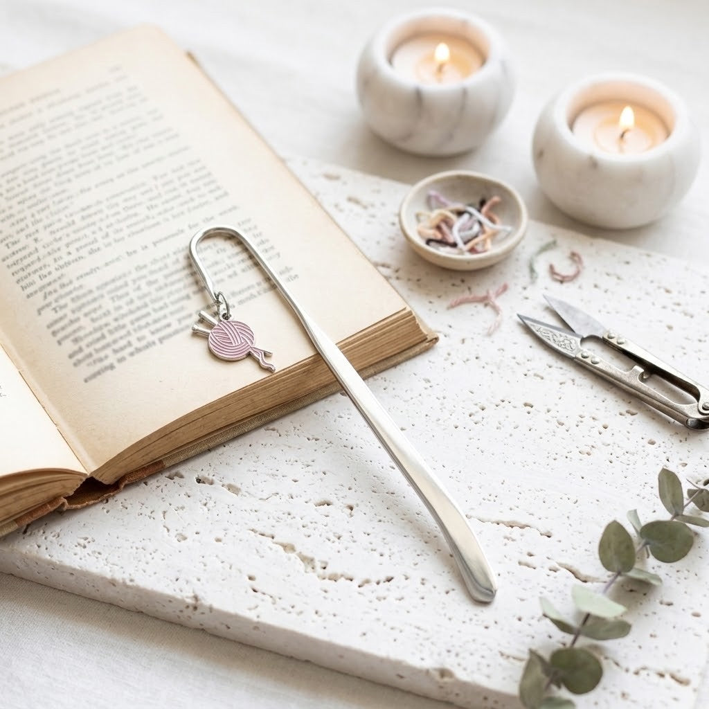 A silver metal bookmark shaped like a knitting needle with a small pink yarn ball charm, resting on an open book on a textured white stone surface with candles, scissors, and eucalyptus leaves nearby.