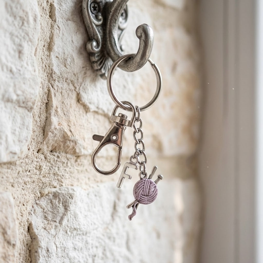 A close-up of a metal keychain with a lobster clasp, a small letter charm, and a purple ball-and-needles knitting charm, hanging from an ornate wall hook on a textured stone wall.