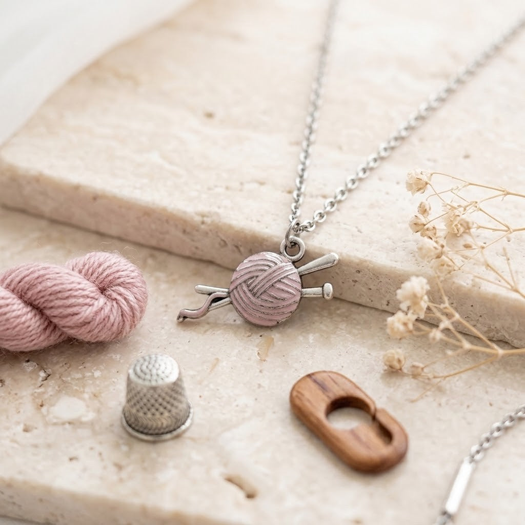 A silver necklace with a pendant shaped like a ball of pink yarn wrapped around knitting needles, displayed on a beige stone slab with pink yarn, a metal thimble, a wooden tool, and dried flowers.