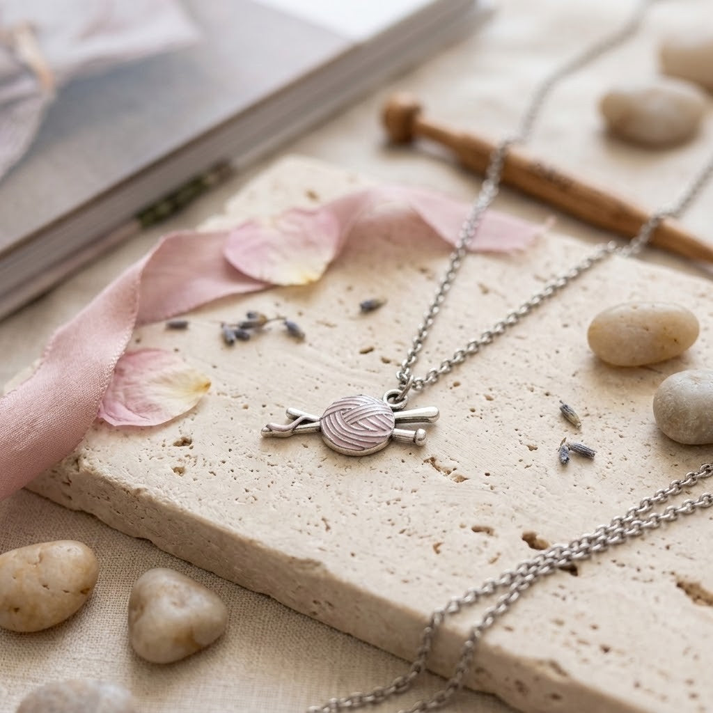 A silver-toned necklace with a yarn ball pendant is displayed on a textured stone slab with pink petals, small stones, and a wooden crochet hook.