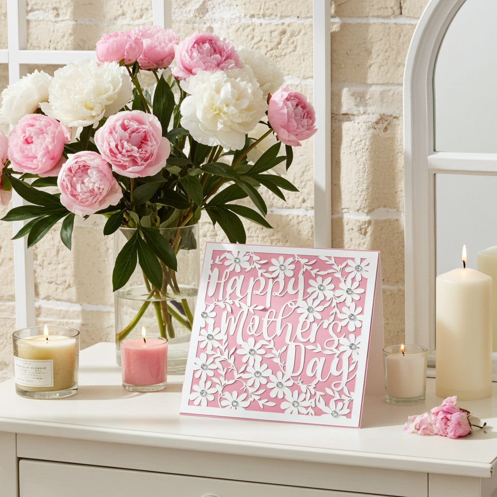 A pink Mother's Day card with white floral cutout details stands on a white table beside a large vase of pink and white peonies, lit candles, and a mirror in a bright, styled interior setting.