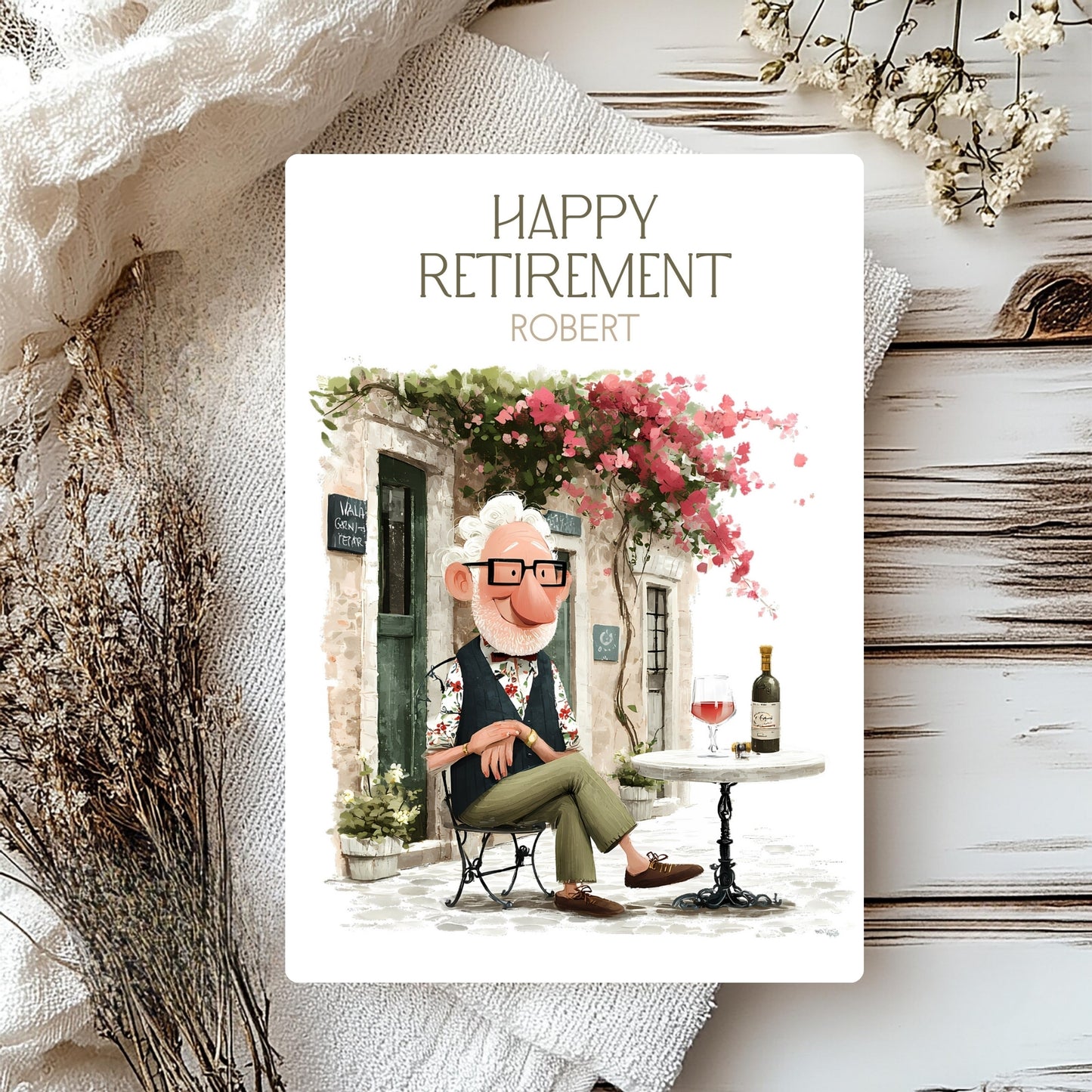Cartoon character with 'Happy Retirement' text on a decorative card.