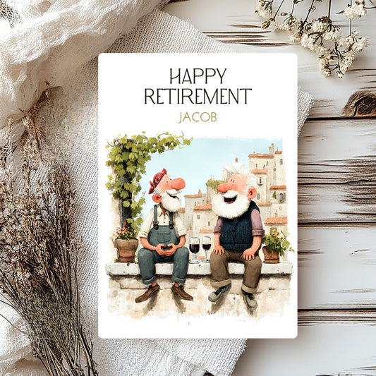 Happy Retirement card with two animated characters sitting on a ledge, surrounded by decorative elements.