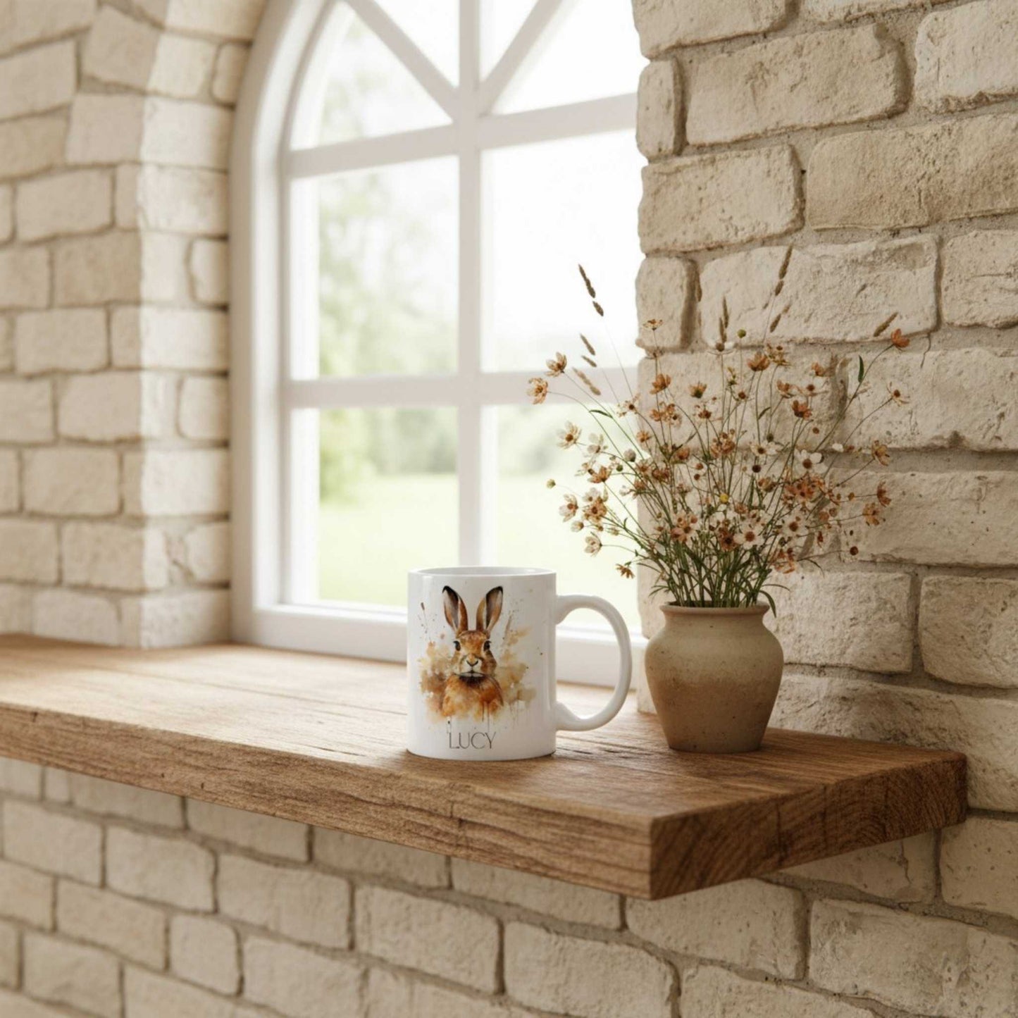 Mug with a hare design and 'Lucy' on a wooden shelf against a stone wall with a window.