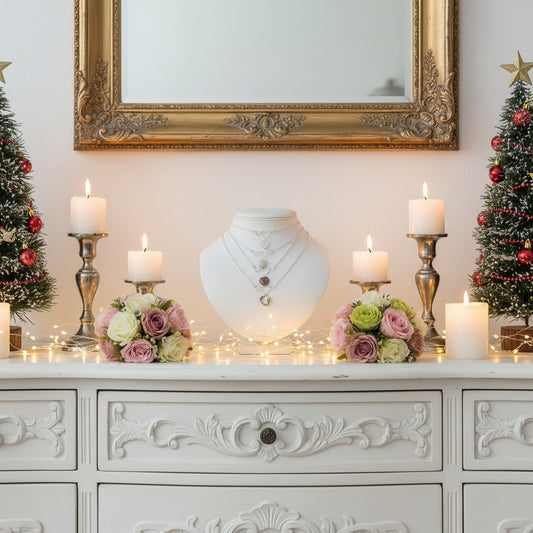 Pretty heart necklaces with festive staging for Christmas.