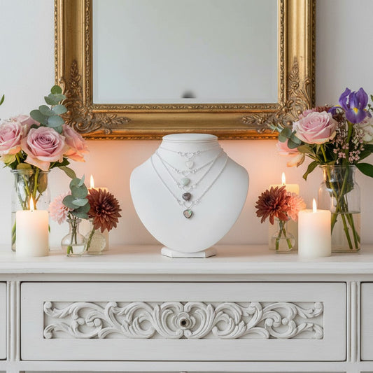 Decorative setup with a heart necklace on white jewellery display, candles, and flowers on a white cabinet.